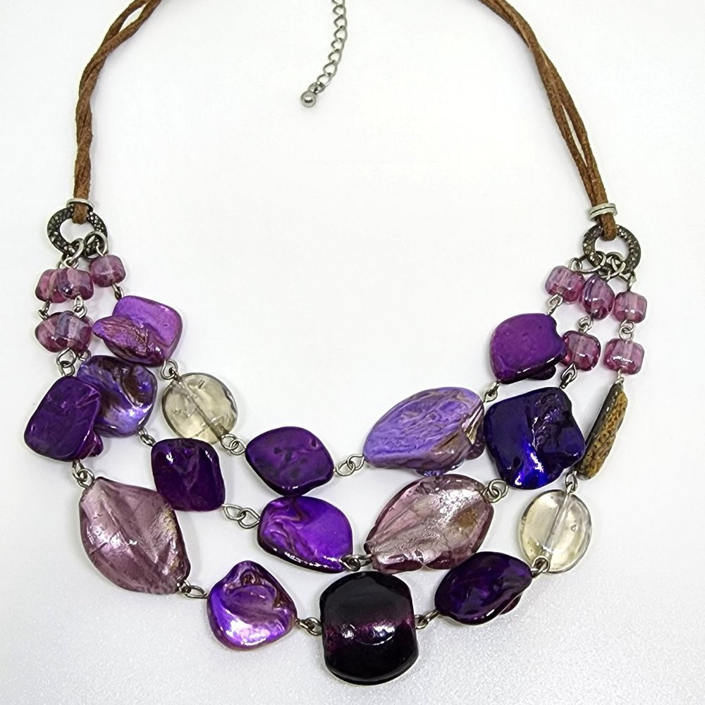 Purple Glass and Abalone Mother-of-Pearl Triple Strand Leather Chain Necklace - Picture 11 of 14